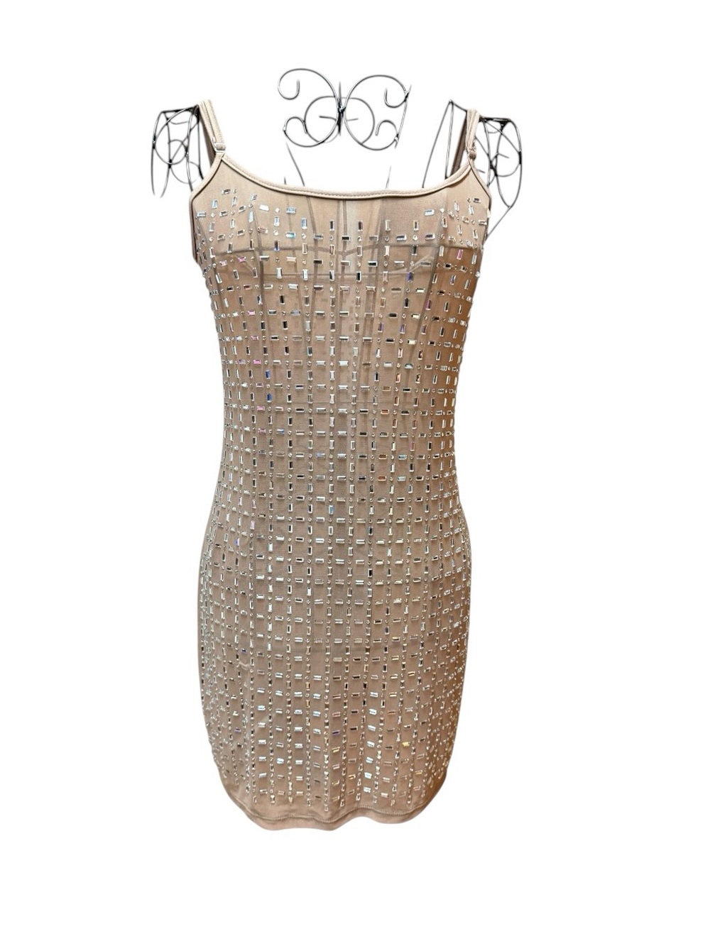 Beige Tan Rhinestone Embellished Bodycon Dress